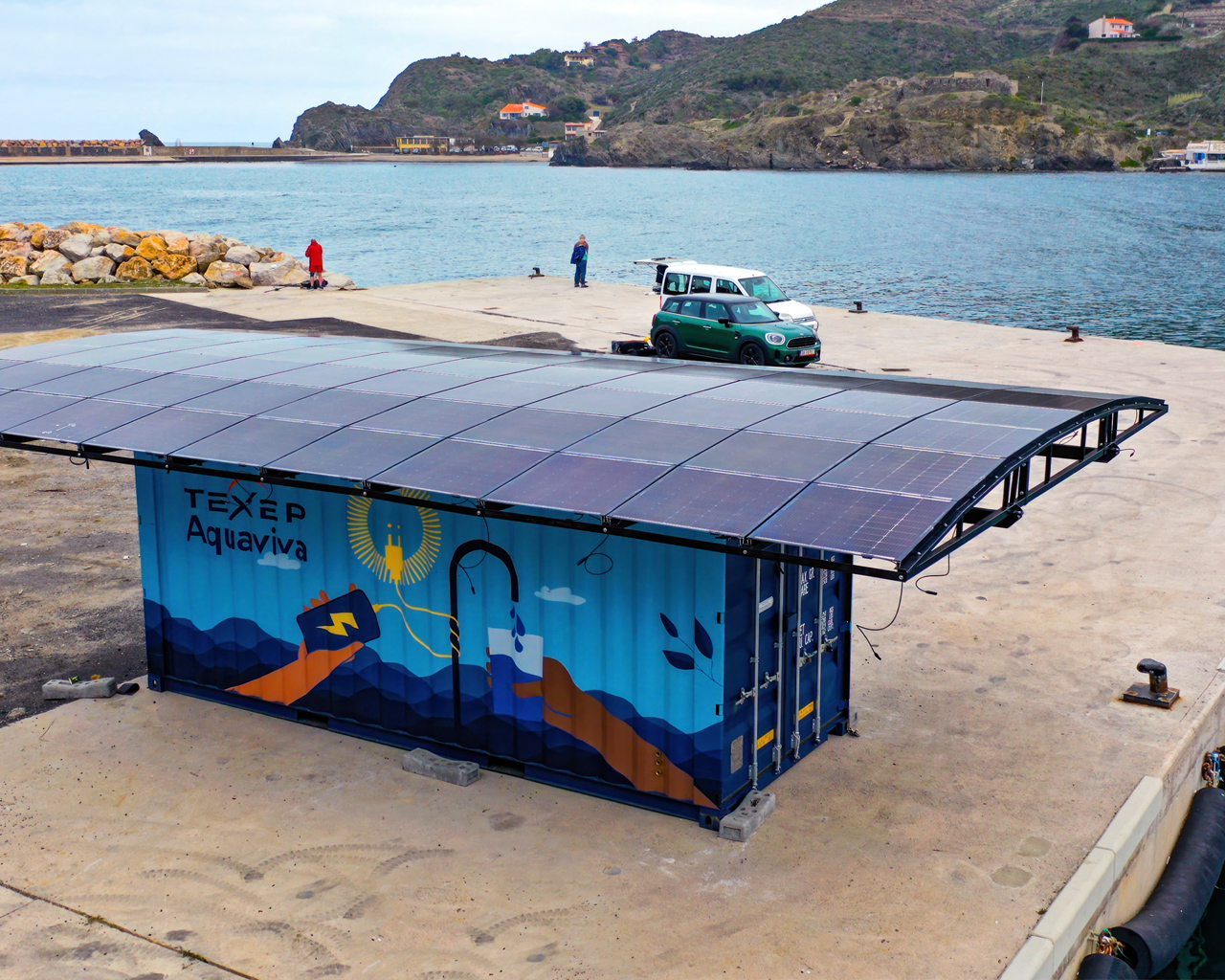 Solar powered Aquaviva desalination station with sea in the background