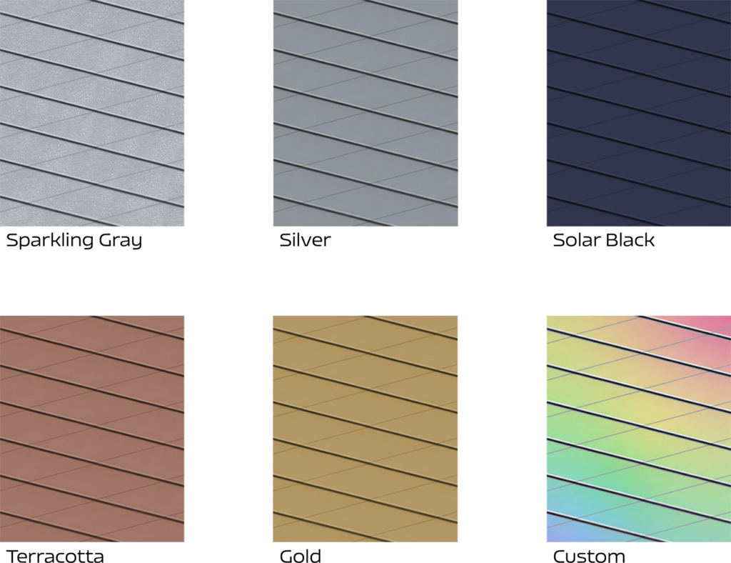 Different colours for the X-Curve solar module: sparkling gray, silver, solar black, terracotta, gold, other custom colours